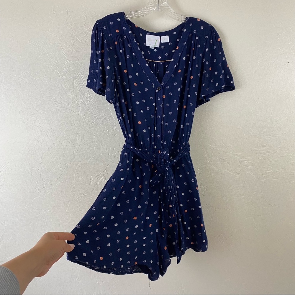 Anthropologie Ettitwa Size Small Navy Blue Floral Short Sleeve Button up Romper